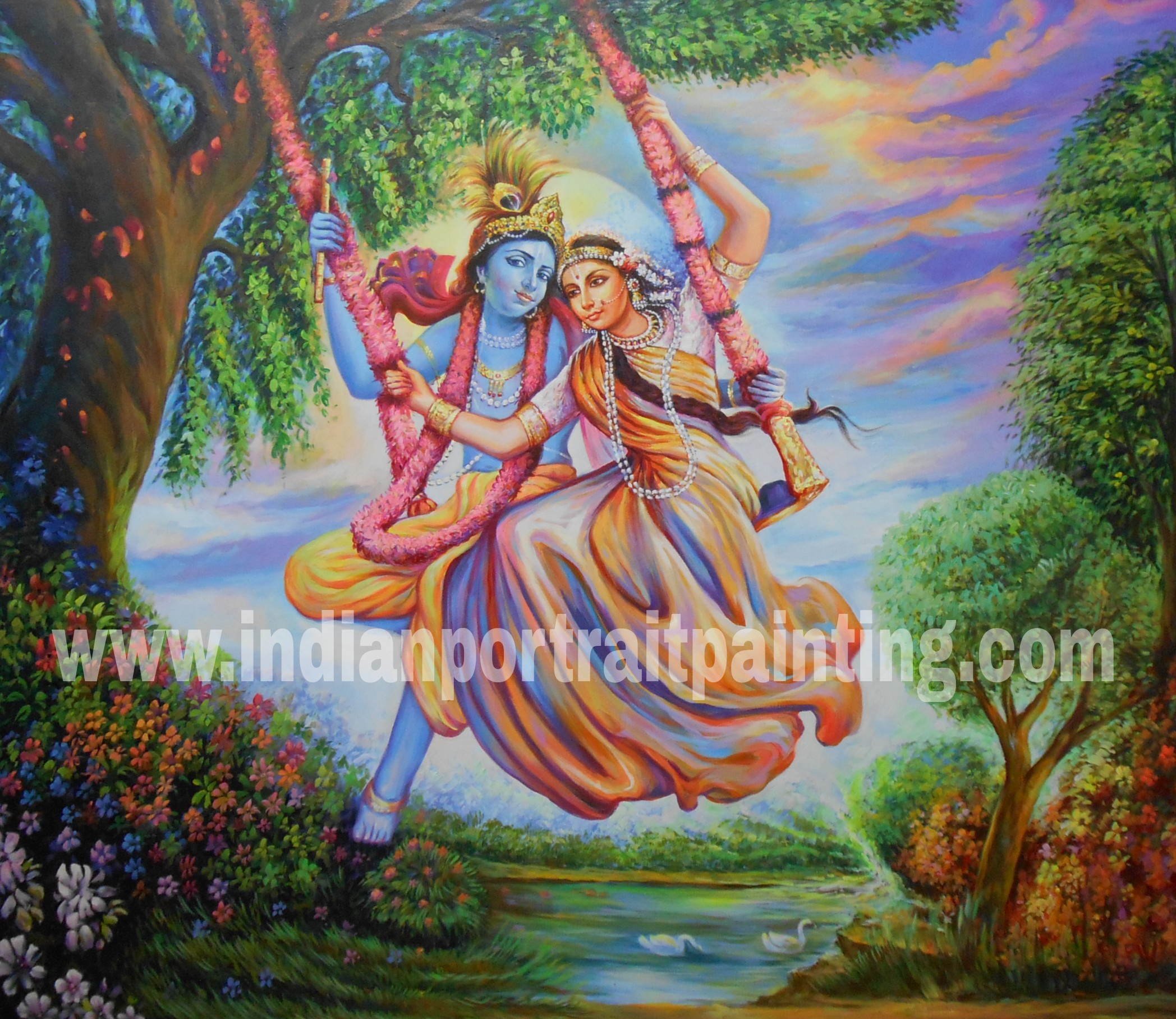 Radha krishna on swing - Best hand painted painters reproduction on canvas